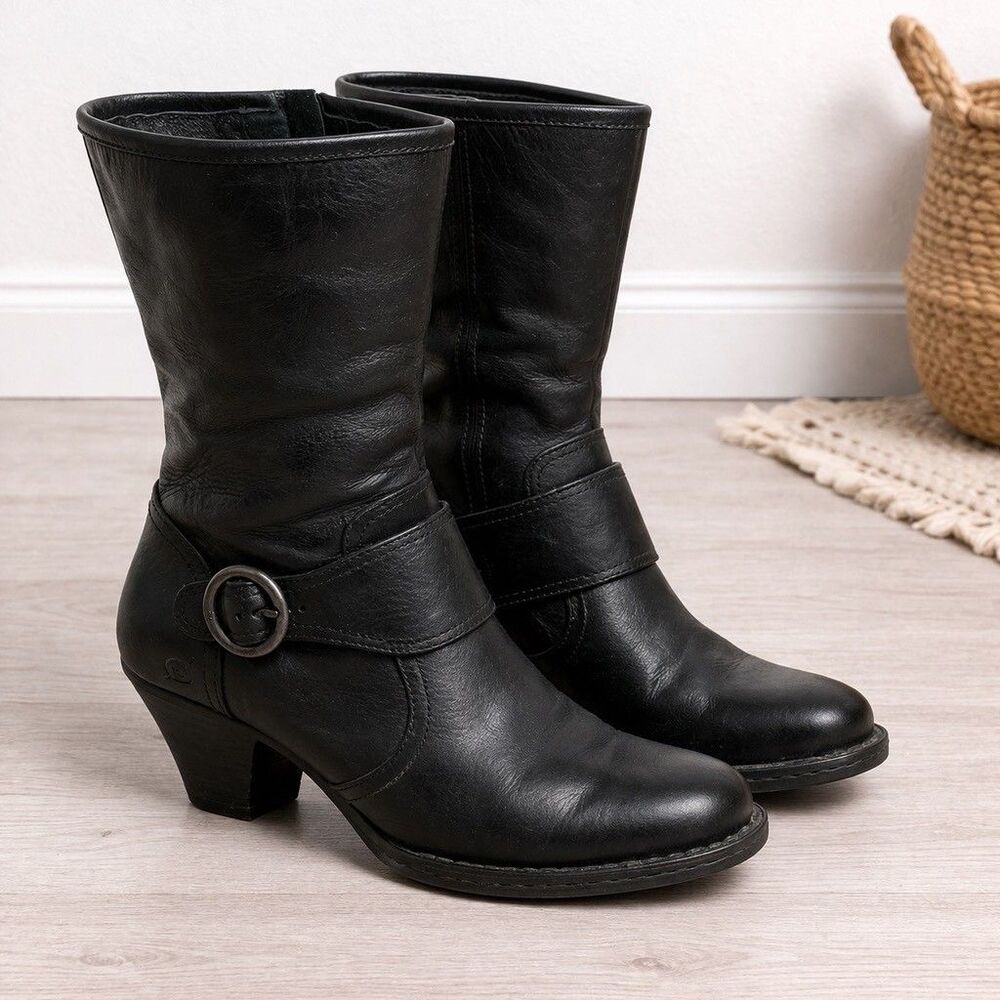 BORN Black Leather Mid Calf Boots Womens Size 9 / 40.5 Buckle Trim Riding